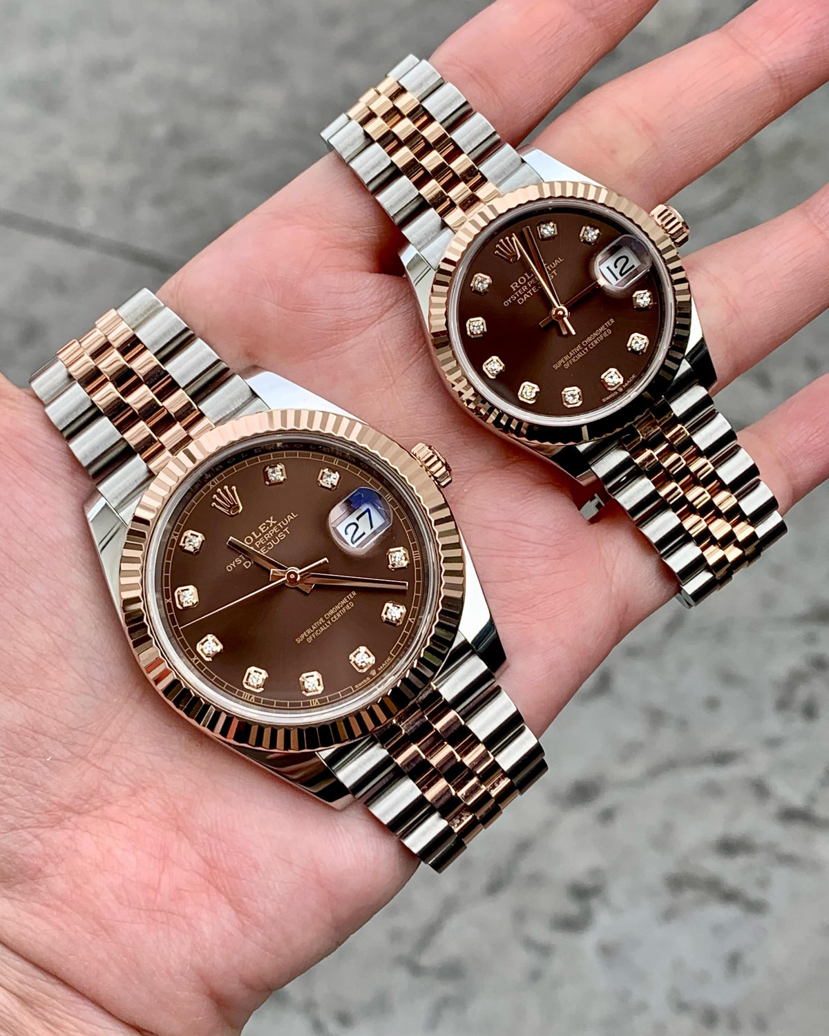 Rolex Datejust Couple Watch Set — Two-Tone Oystersteel & Everose Gold with Chocolate Dials & Jubilee Bracelets
