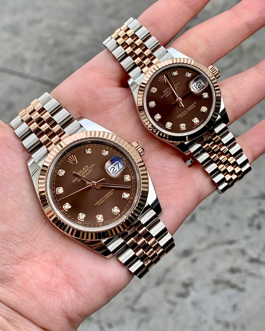 Rolex Datejust Couple Watch Set — Two-Tone Oystersteel & Everose Gold with Chocolate Dials & Jubilee Bracelets