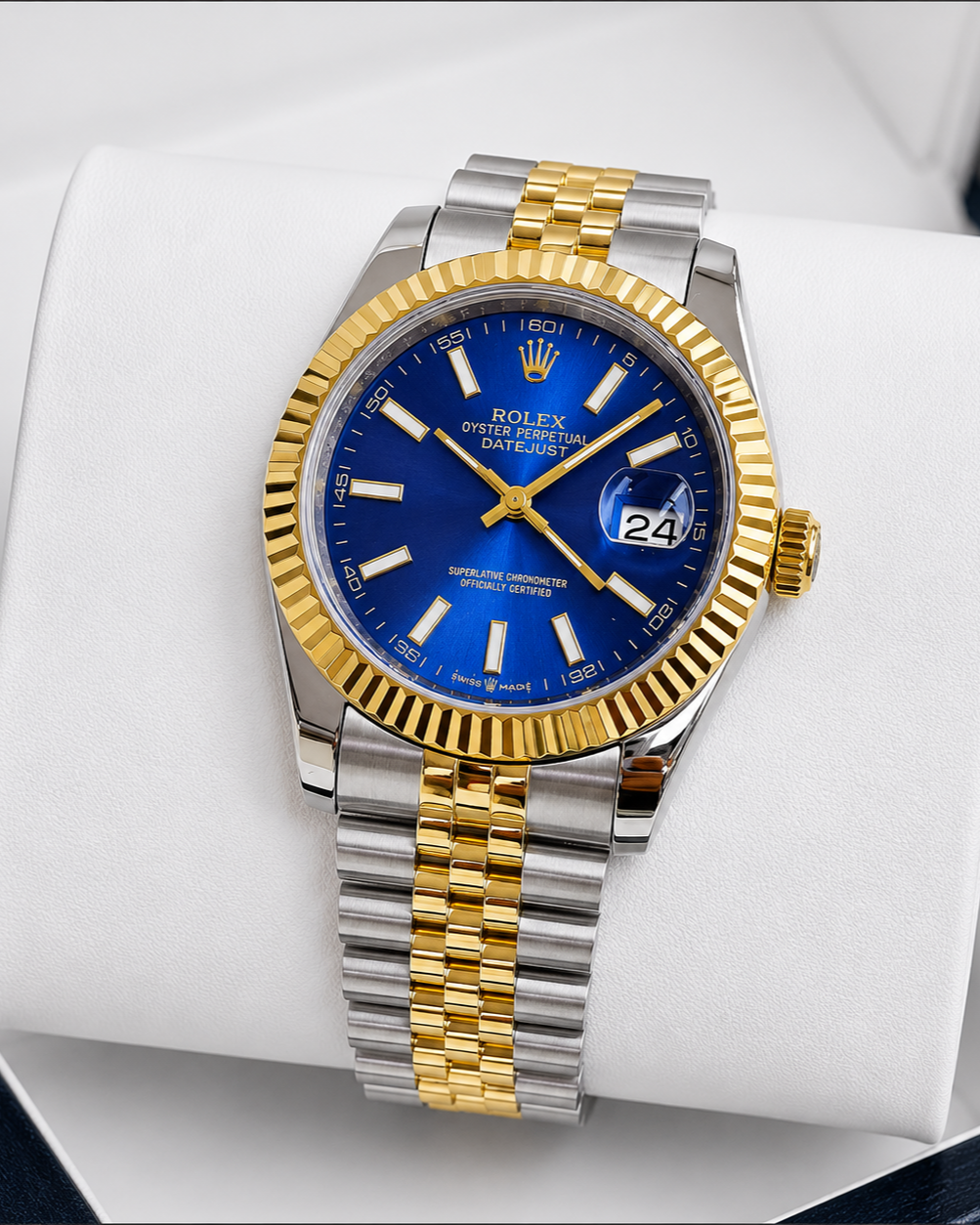 Rolex Datejust Watch — Two-Tone with Blue Dial & Fluted Yellow Gold Bezel