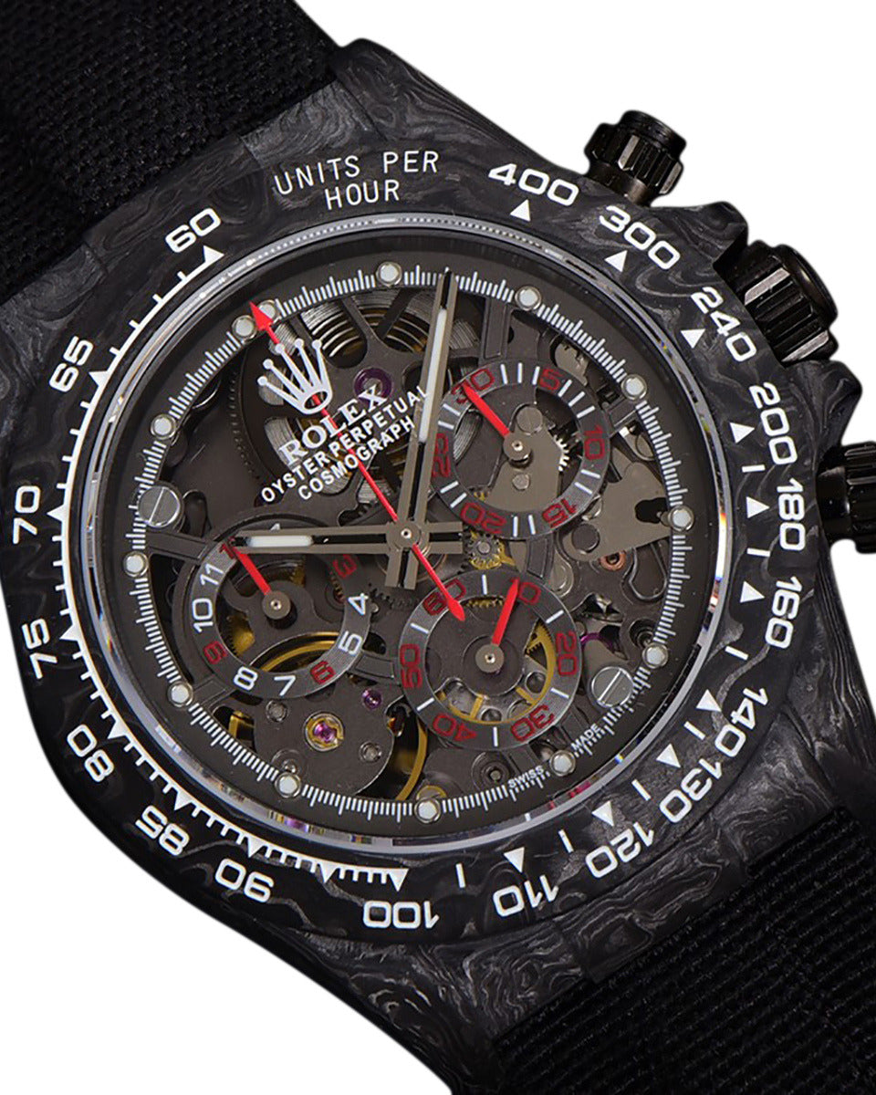 Rolex Cosmograph Daytona Watch — Carbon Case with Skeleton Dial & Dark Fabric Strap