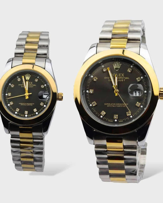 Rolex Oyster Perpetual Couple Watch Set — Two-Tone Gold & Silver Design with Black Dials & Yellow Gold/Steel Bracelets