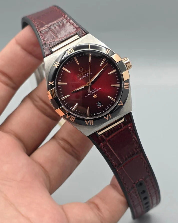 Omega Constellation Master Chronometer 41mm Watch — Burgundy-to-Black Gradient Dial with Matching Leather Strap