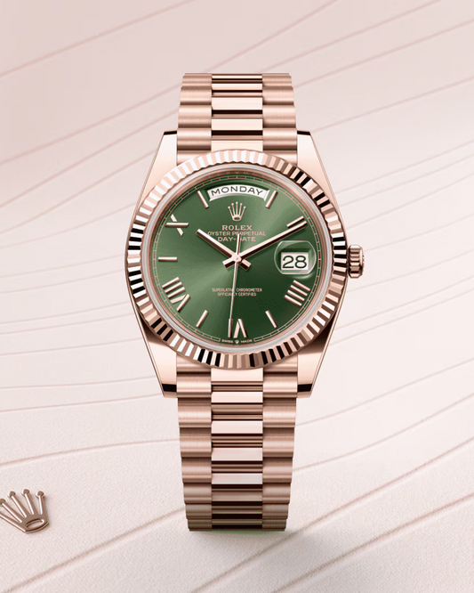 Rolex Day-Date 40 Watch — 18K Rose Gold-Toned Finish with Fluted Bezel & Green Dial