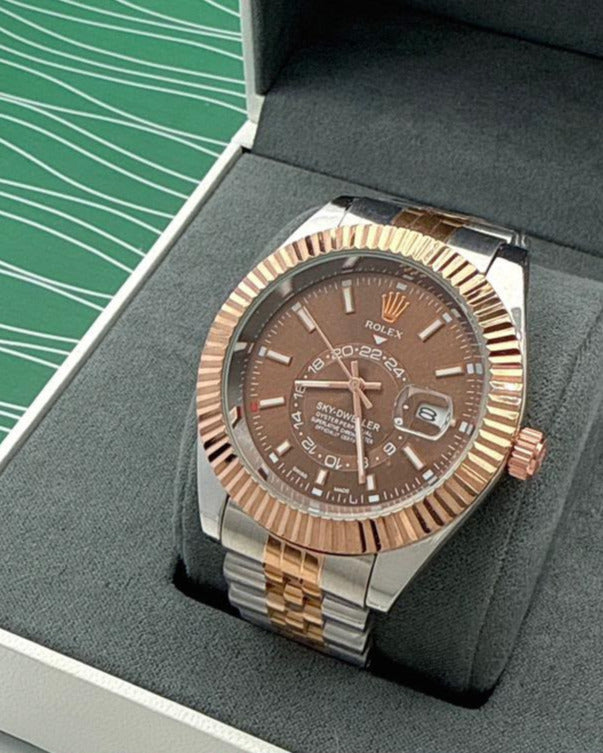 Rolex Sky-Dweller Style Watch — Chocolate Brown Dial with Rose Gold-Toned Case & Fluted Bezel
