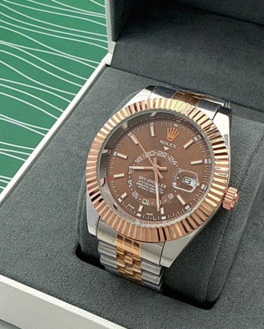 Rolex Sky-Dweller Style Watch — Chocolate Brown Dial with Rose Gold-Toned Case & Fluted Bezel