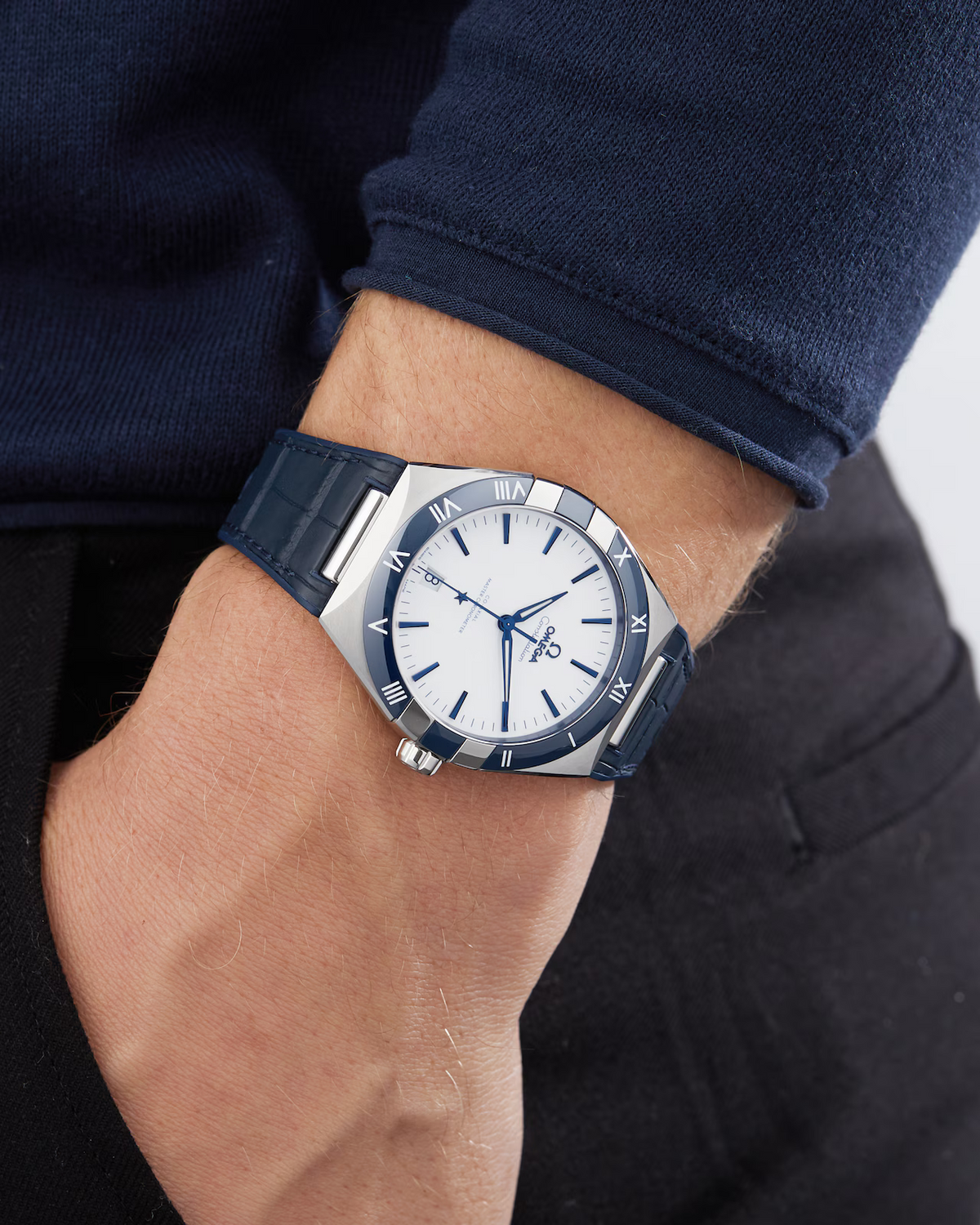 Omega Constellation 41mm Watch — White Dial with Blue Leather Strap