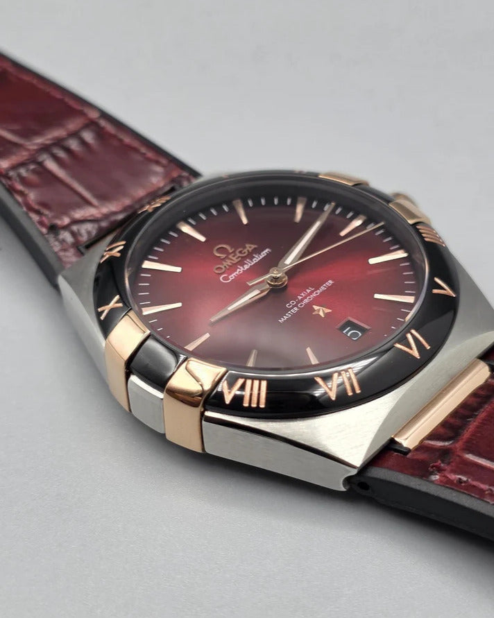 Omega Constellation Master Chronometer 41mm Watch — Burgundy-to-Black Gradient Dial with Matching Leather Strap