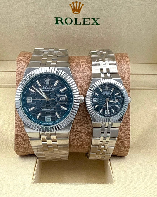 Rolex Land-Dweller Couple Watch Set — Stainless Steel with Blue Honeycomb Dials & Fluted Bezels