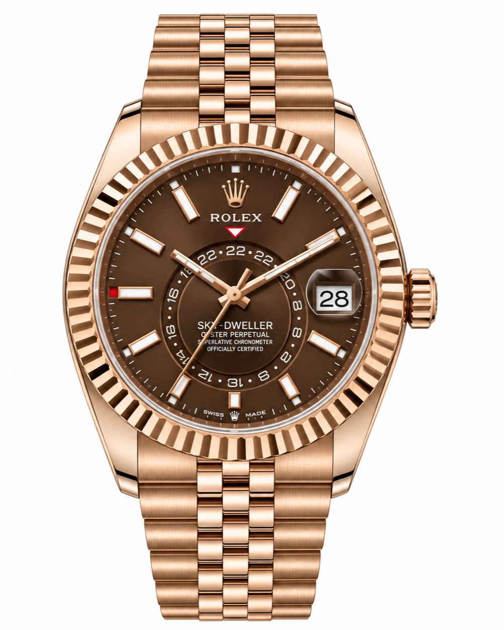 Rolex Sky-Dweller Watch — 18K Everose Gold with Chocolate Dial & Jubilee Bracelet