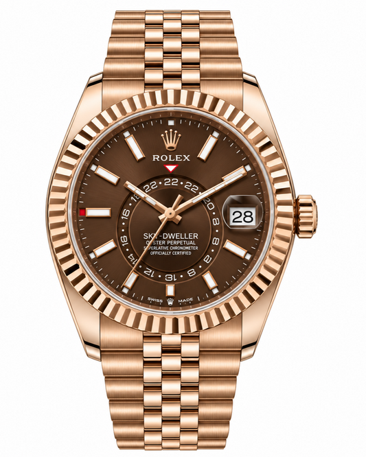 Rolex Sky-Dweller Watch — 18K Everose Gold with Chocolate Dial & Jubilee Bracelet