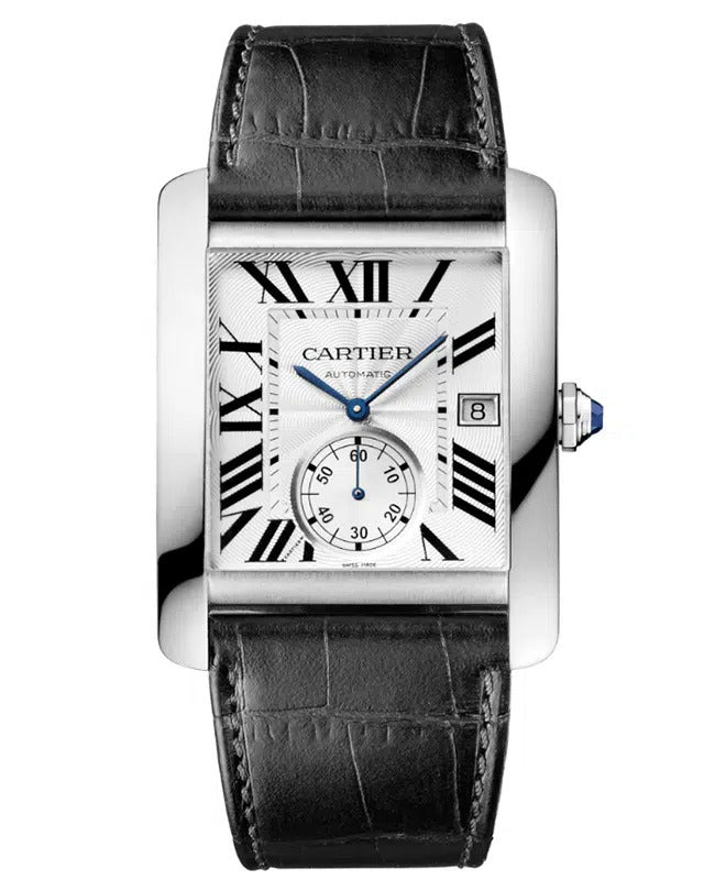 Cartier Tank MC Style Watch — Stainless Steel Case with Silver Guilloché Dial & Black Leather Strap