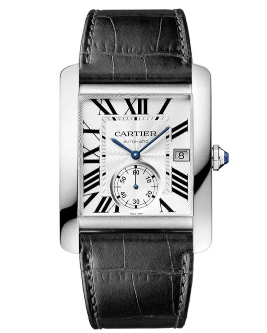 Cartier Tank MC Style Watch — Stainless Steel Case with Silver Guilloché Dial & Black Leather Strap