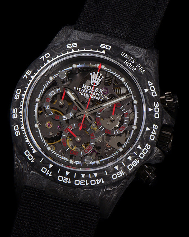 Rolex Cosmograph Daytona Watch — Carbon Case with Skeleton Dial & Dark Fabric Strap