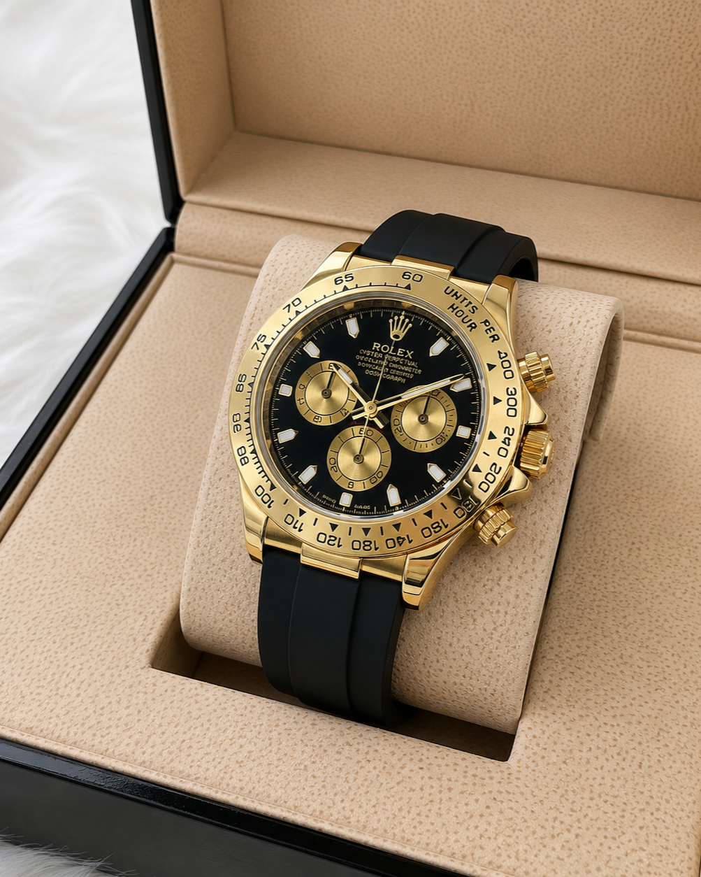 Rolex Cosmograph Daytona Style Watch — Gold-Tone Case with Black Rubber Strap
